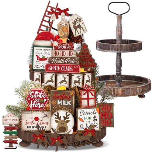 24 Pcs Christmas Tiered Tray Decorations Set with 2 Tiered Tray Stand X807