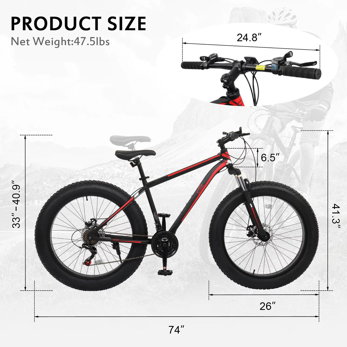26 Fat Tire Mountain Bike 21 Speed High Carbon Steel Frame R561717