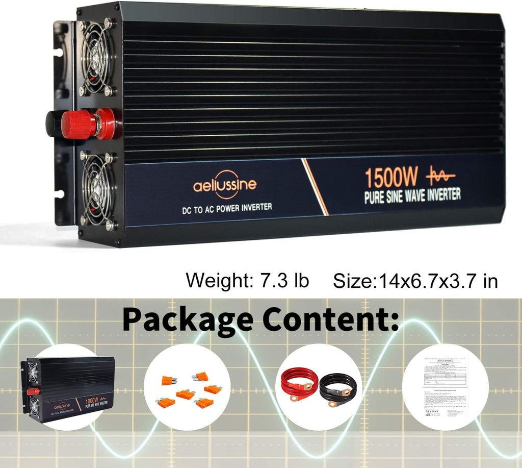 1500 Watt Pure Sine Wave Power Inverter 12V DC to AC 110V 120V with LCD Display Remote Switch H681
