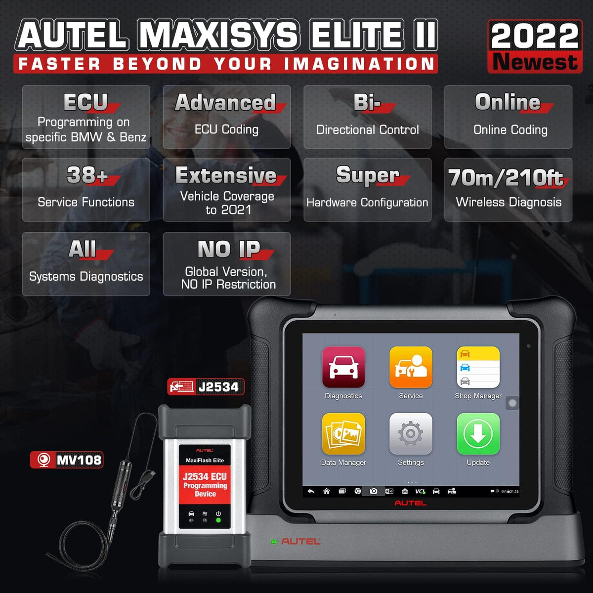 Autel Scanner MaxiSys Elite II, 2022 Newer Model, Hardware Same as Autel MS909, J2534 ECU Programming & Coding, Bi-Directional Control, 38+ Services G254763