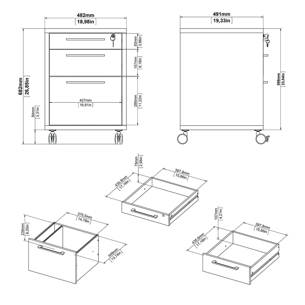 White 3 Drawer Mobile File Cabinet W88369