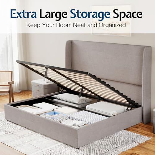 Queen Size Light Grey Linen Upholstered Storage Bed Frame P8104