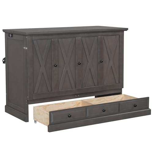 Queen Size Solid Pine Murphy Bed with Charging Station and Storage Drawer H1591