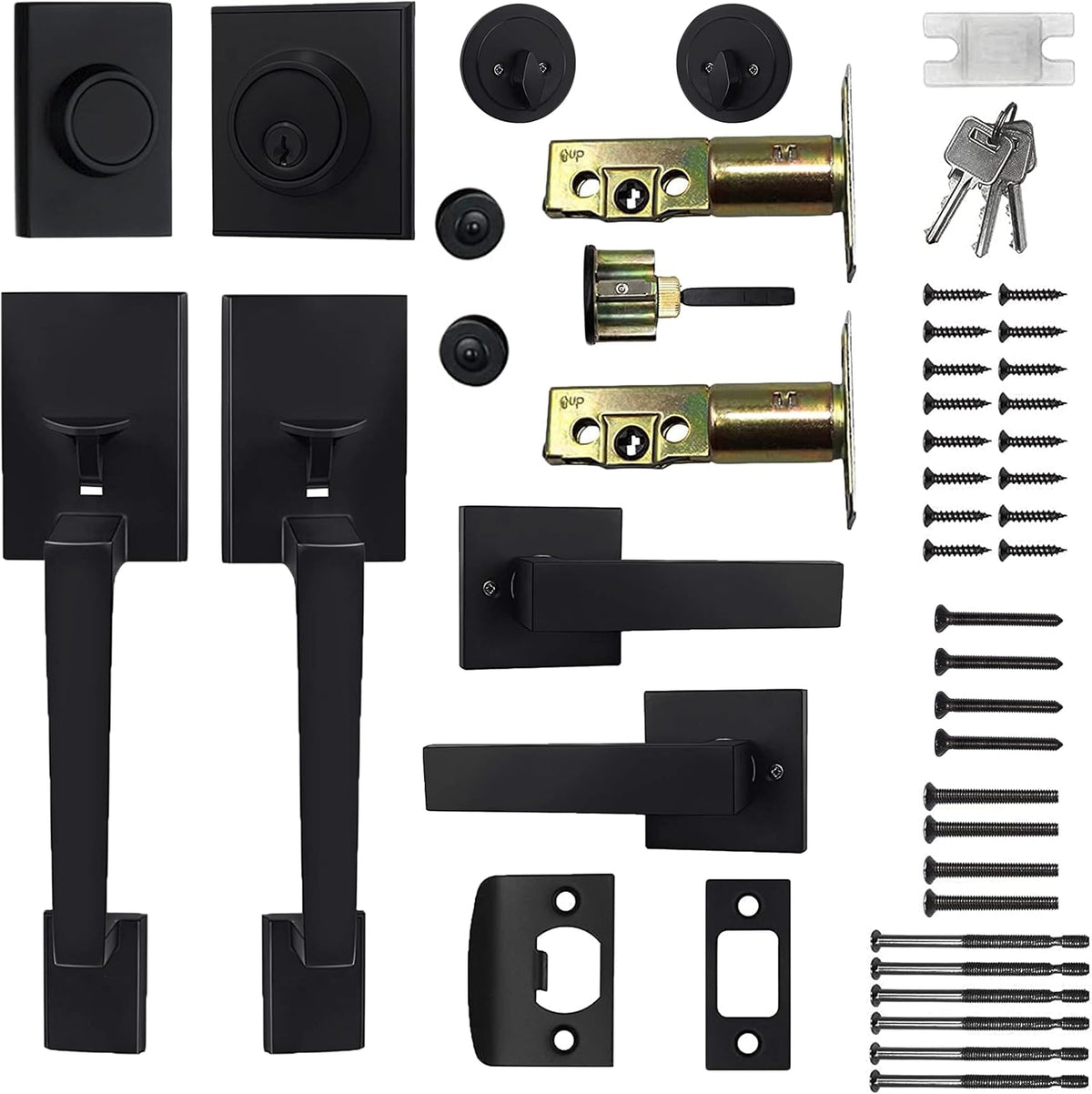 Matte Black Double Door Handleset with Keyed Entry and Dummy Handle Lever (2 Pack) U33382