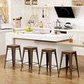 Set of 4 Metal Bar Stools Wood Seat Backless Z140