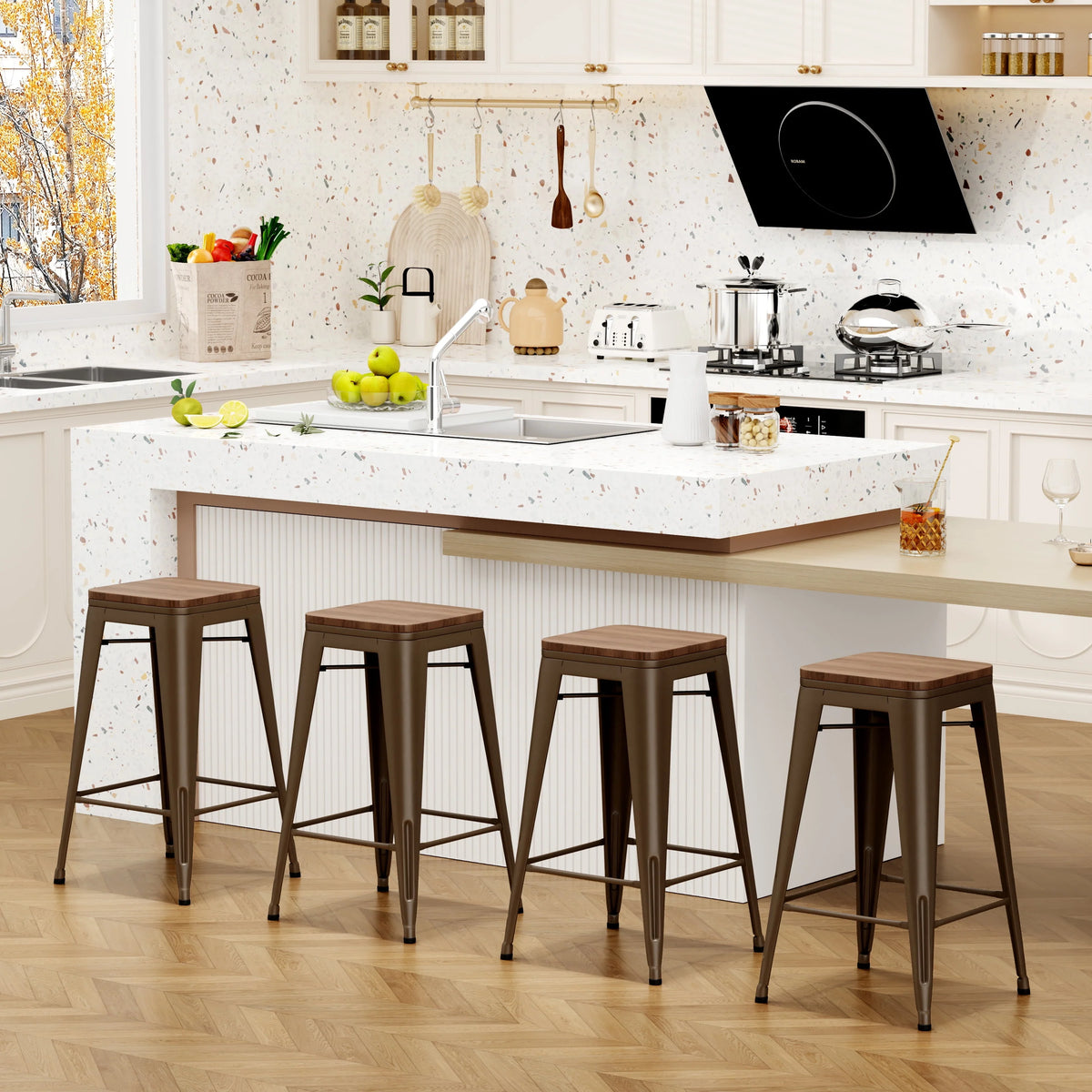Set of 4 Metal Bar Stools Wood Seat Backless Z140