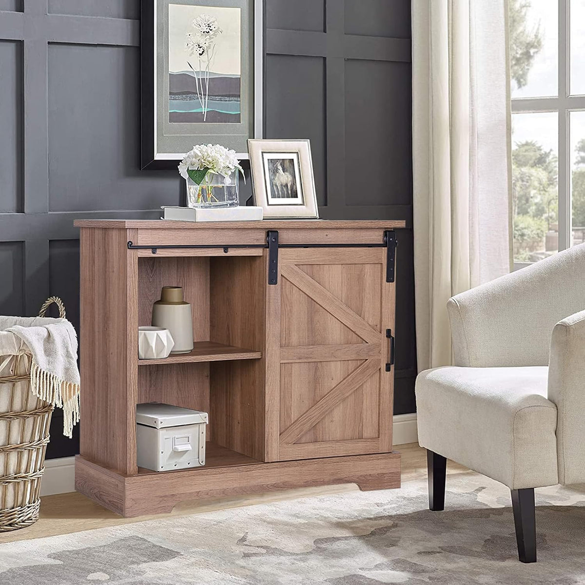 Farmhouse Storage Chest with Sliding Barn Door and Metal Knob, 31.5L x 13.8W x 28.1H, Burlywood C8714