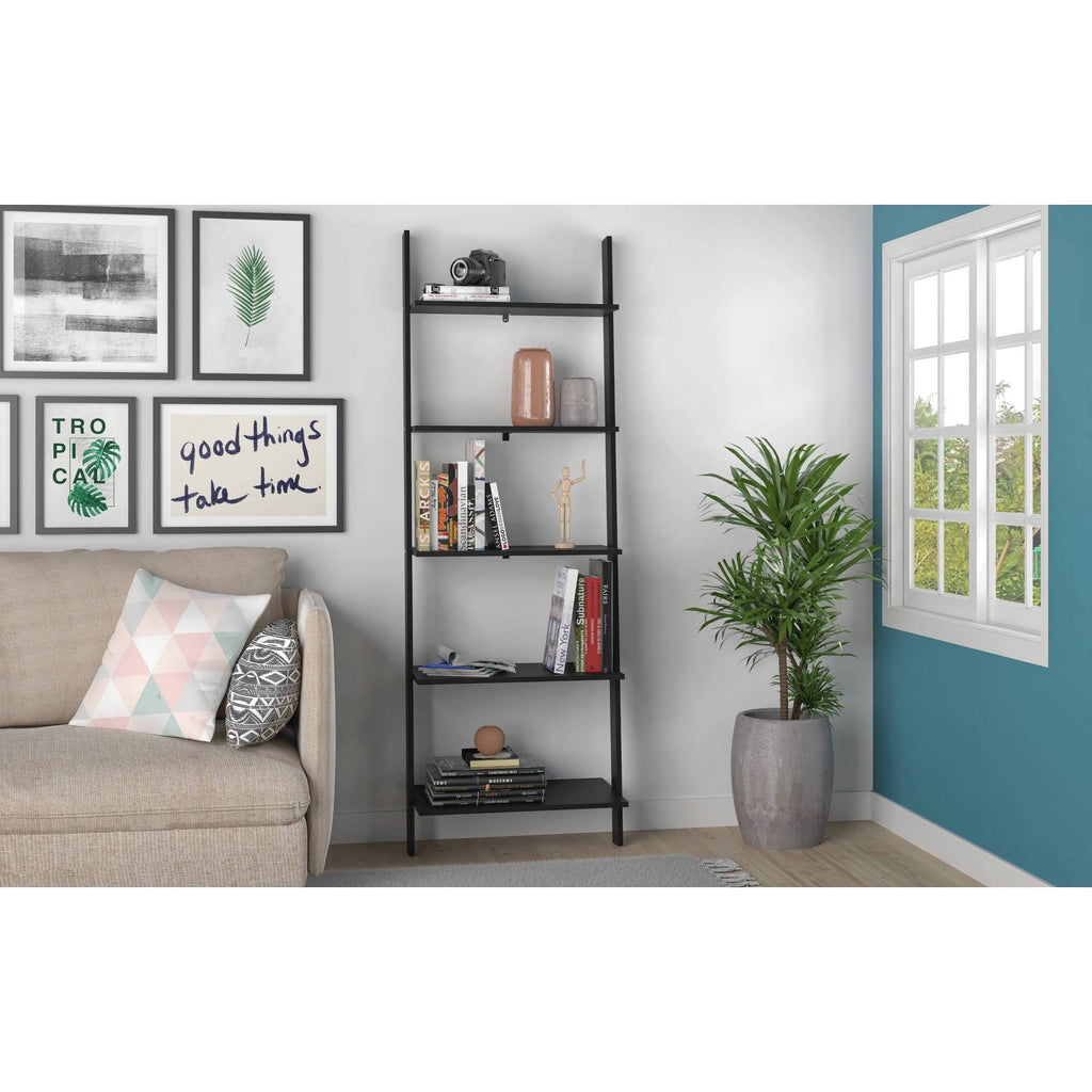 Black 5-Shelf Floating Ladder Bookcase V6452