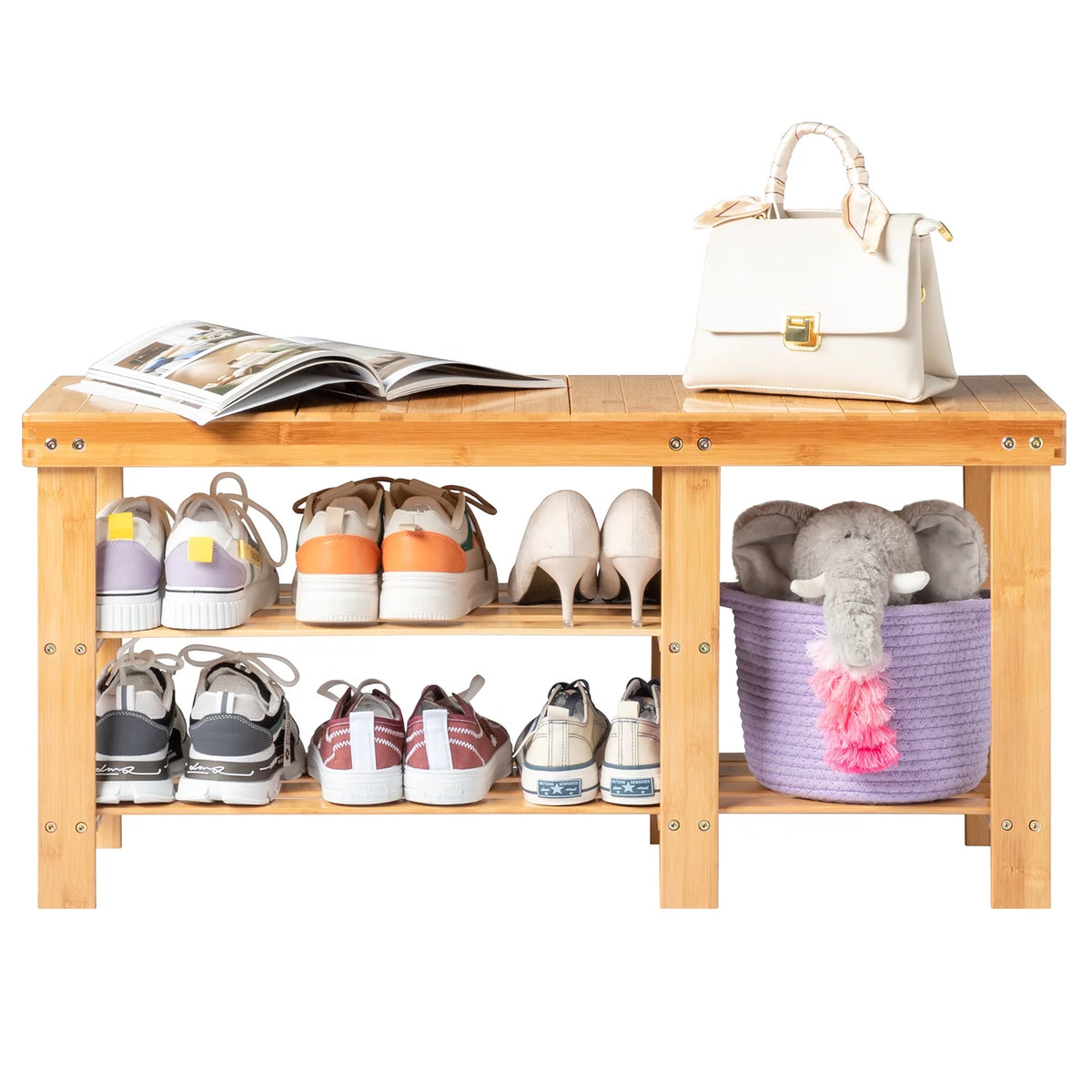 Natural Bamboo Entryway Storage Bench with 3-Tier Shoe Shelf P7244