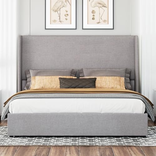 Queen Size Light Grey Linen Upholstered Storage Bed Frame P8104