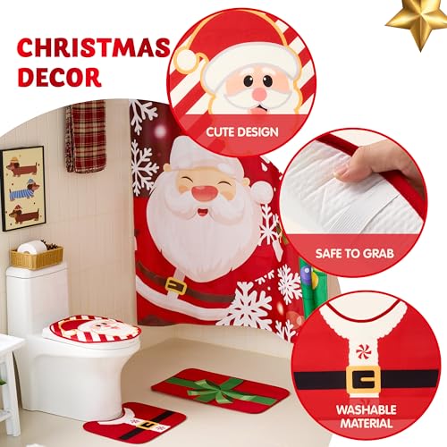 4 Pcs Christmas Bathroom Set with Shower Curtain, Bath Mat, Toilet Lid Cover, Rug & Hooks M478314