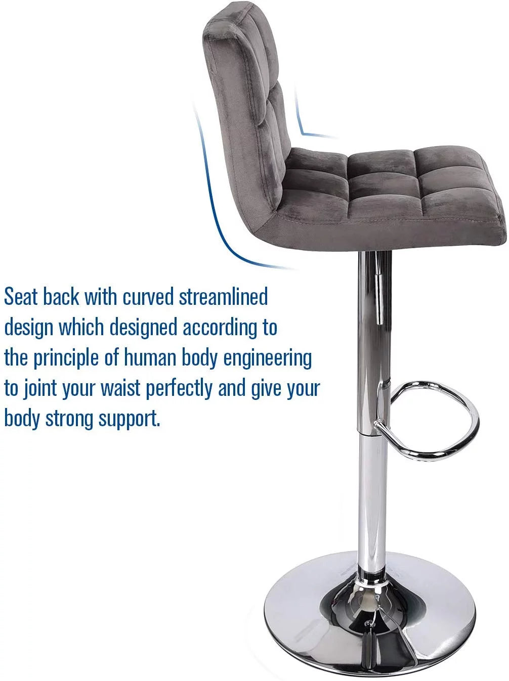 Set of 2 Gray Velvet Adjustable Swivel Bar Stool A36611