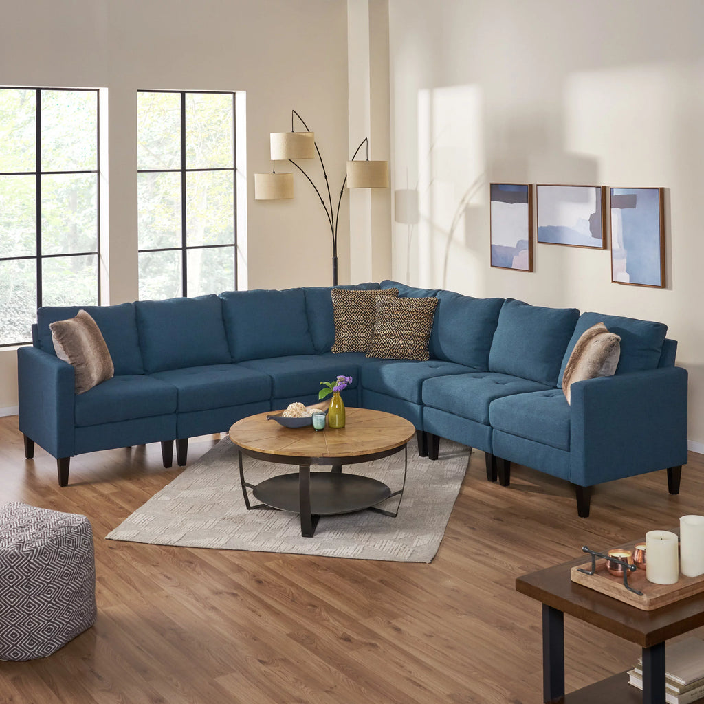 7 Piece Dark Blue Fabric Sectional Couch P9276