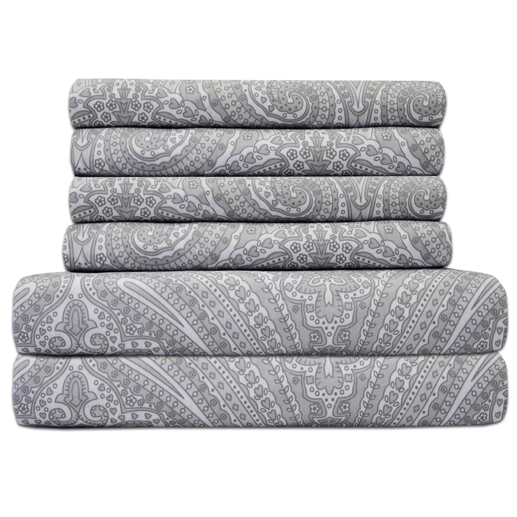 Grey Full Paisley Print Bed Sheet Set R38826