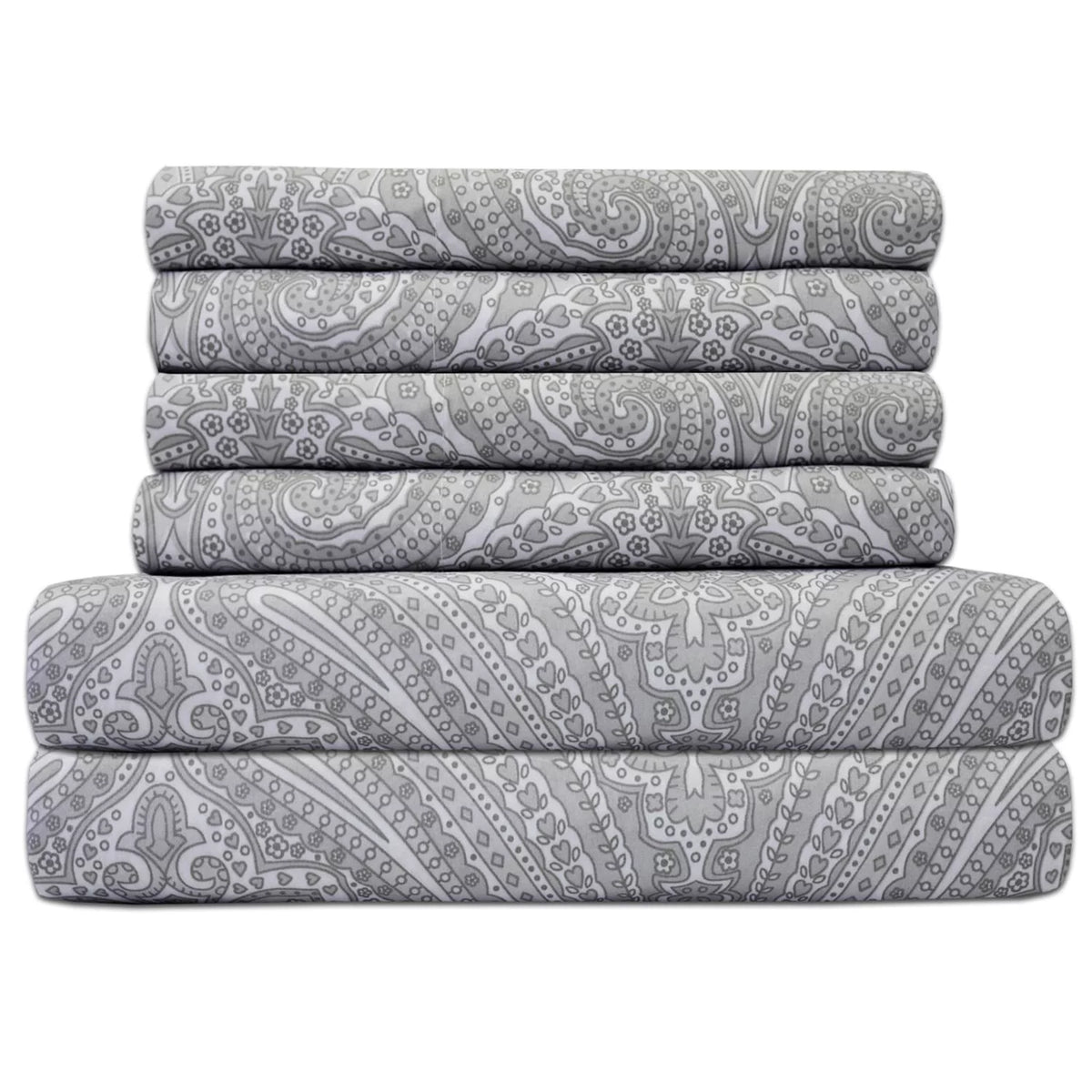 Grey Full Paisley Print Bed Sheet Set R38826
