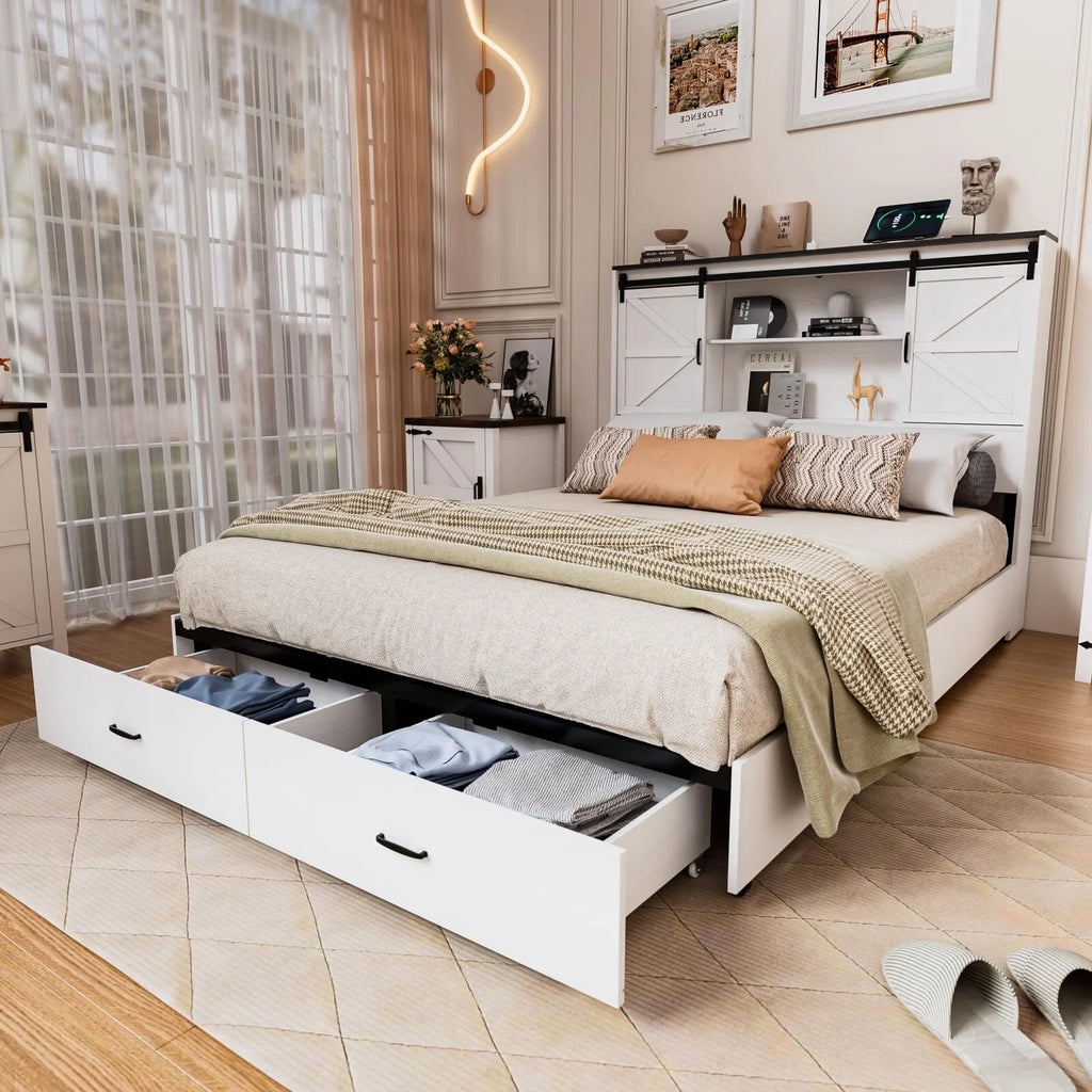 Queen Size Wooden Platform Bed Frame with Bookcase Headboard Storage K83850