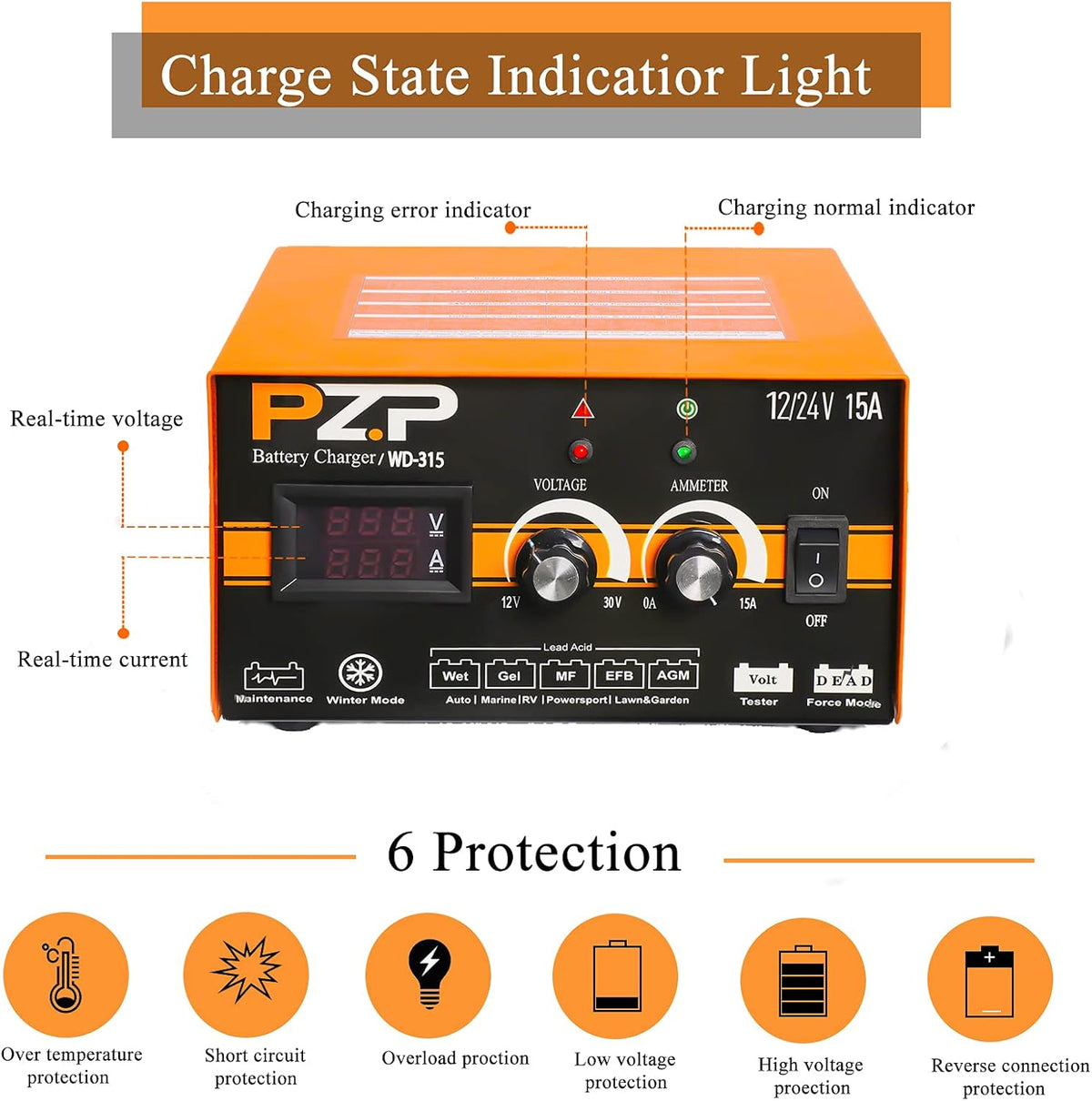 24v Battery Charger 15-Amp Automotive Car Battery Fast Trickle Charger and Maintainer 12v/15a 24v/7.5a U879