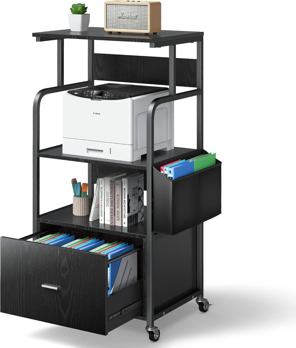 3 Tier Mobile Printer Stand with Drawer, Storage Bag, Metal Hook, Lockable Casters V2308