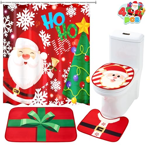 4 Pcs Christmas Bathroom Set with Shower Curtain, Bath Mat, Toilet Lid Cover, Rug & Hooks M478314