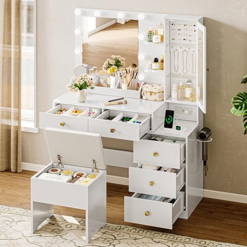 White Vanity Desk with Mirror and Lights, 5 Drawers and Chair T977