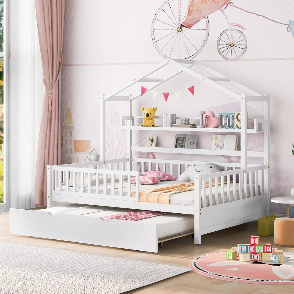 Gray Wood Twin House Bed with Trundle C228