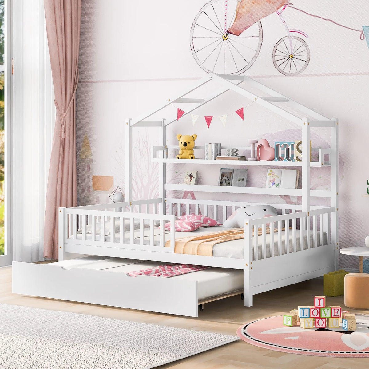 Gray Wood Twin House Bed with Trundle C228