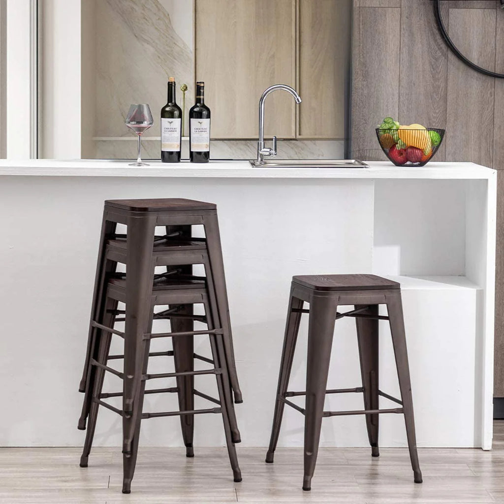 Set of 4 Metal Bar Stools Wood Seat Backless Z140