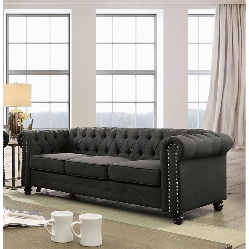 Gray Button Tufted Linen Fabric Sofa R680100