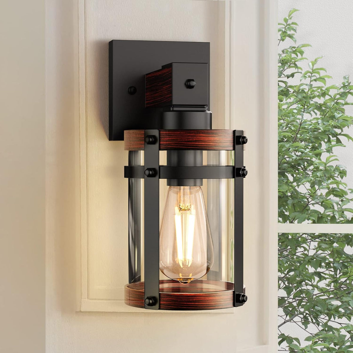 Rustic Wall Sconce 1-Light Wood Grain Black with Clear Glass Shades A7662