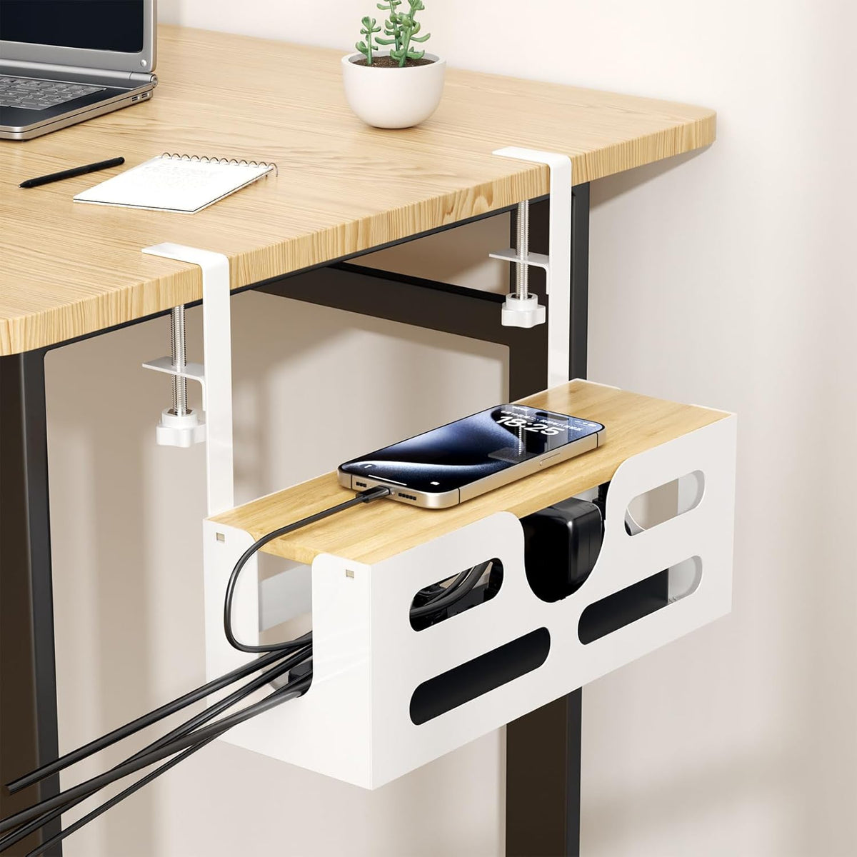 White Desk Cable Management Box with Lid and Adjustable Clamps I944