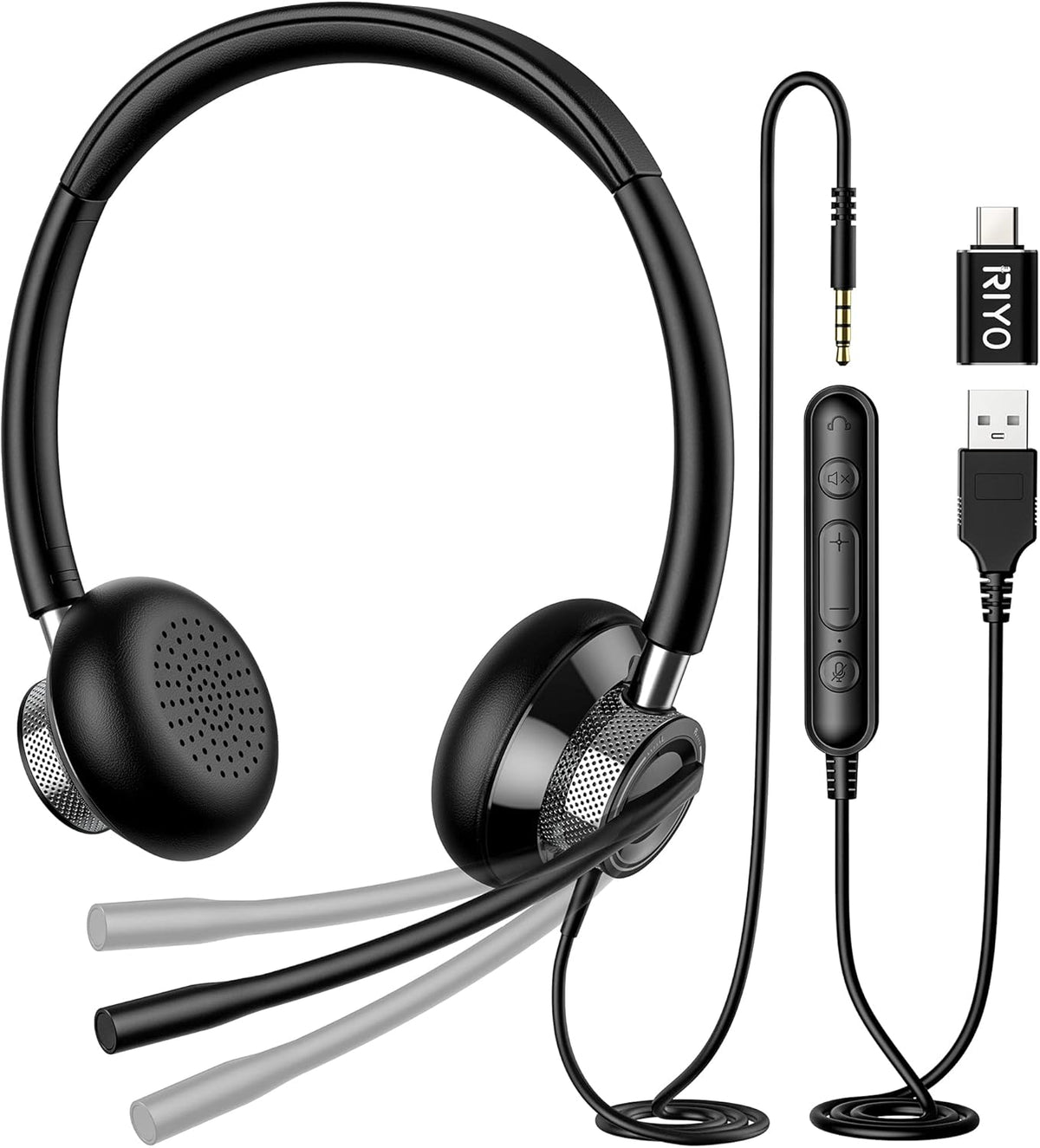 USB Headset with Rotatable Mic, Stereo Wired Headset, USB-C Adapter, Pack of 2 C1912