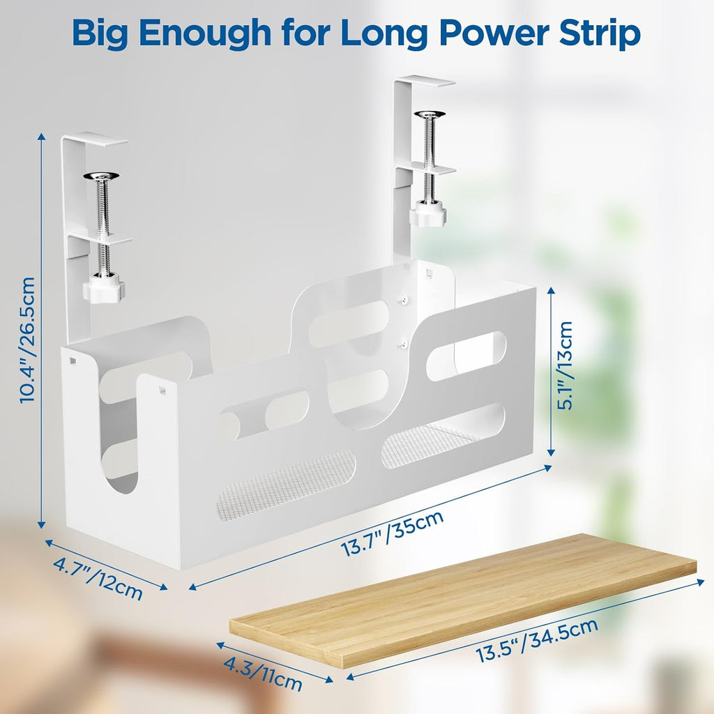 White Desk Cable Management Box with Lid and Adjustable Clamps I944