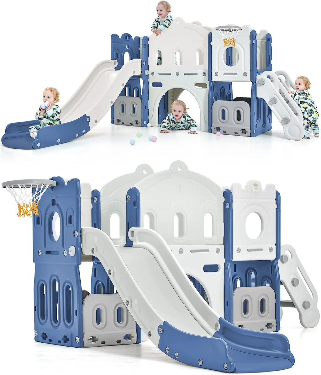 Kids 6-in-1 Slide with Climber, Basketball Hoop, Tunnel and Storage Space, HDPE, Blue P3409