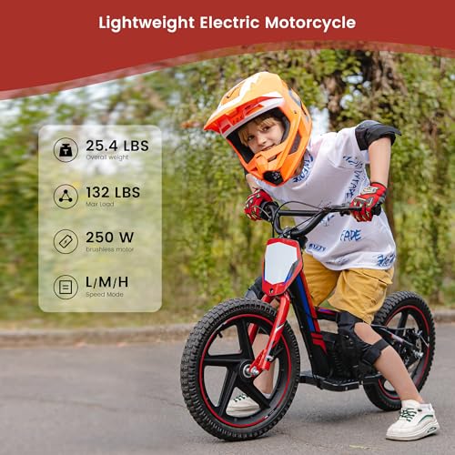 Lightweight 170W Electric Dirt Bike for Kids, Adjustable Seat, 12Inch Off Road Tires, Red P1328