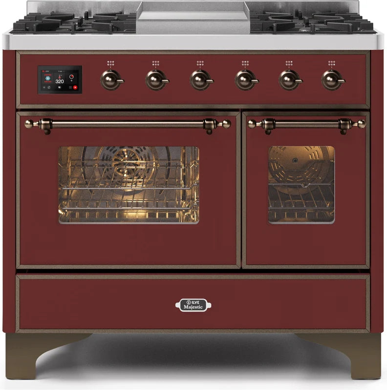 40 Dual Fuel Propane Gas Range in Burgundy with Bronze Trim O832