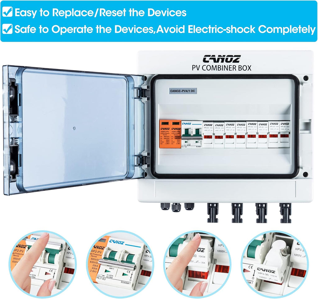 4 String PV Combiner Box with 15A Fuse, 63A Circuit Breaker, Surge Protector and MC4 Connectors F93996