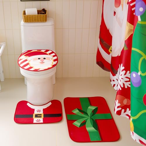 4 Pcs Christmas Bathroom Set with Shower Curtain, Bath Mat, Toilet Lid Cover, Rug & Hooks M478314