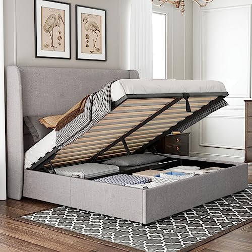 Queen Size Light Grey Linen Upholstered Storage Bed Frame P8104