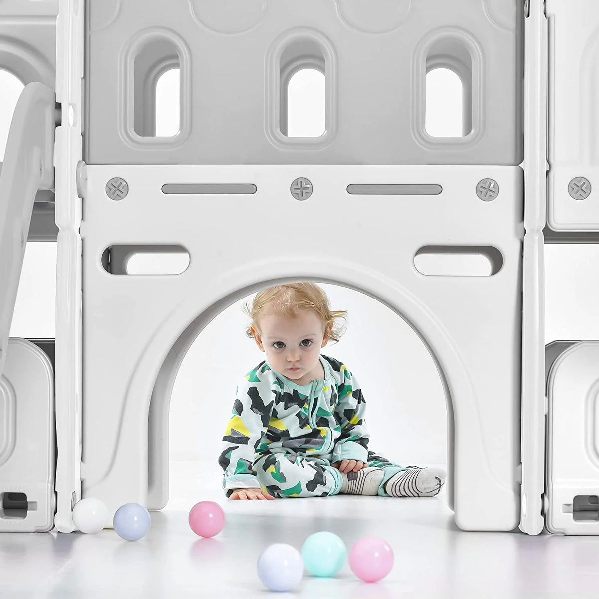 Kids 6-in-1 Slide with Climber, Basketball Hoop, Tunnel and Storage Space, HDPE, Blue P3409