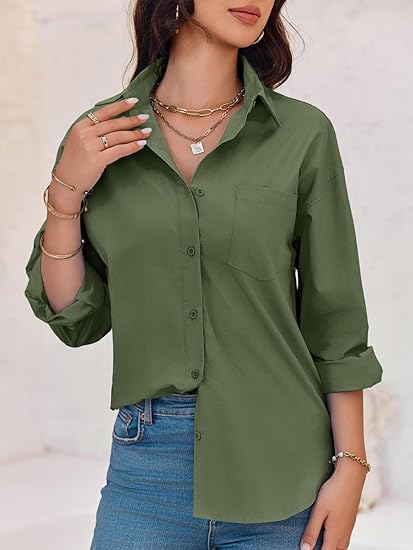 Button Down Shirts Long Sleeve Blouses with Pocket Q3505