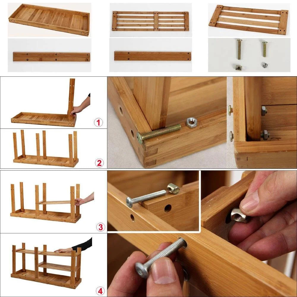 Natural Bamboo Entryway Storage Bench with 3-Tier Shoe Shelf P7244