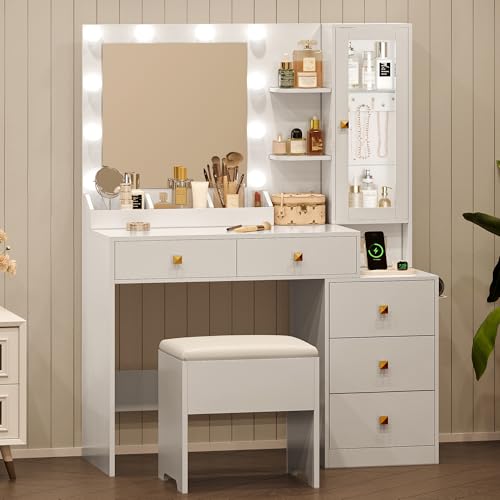 White Vanity Desk with Mirror and Lights, 5 Drawers and Chair T977