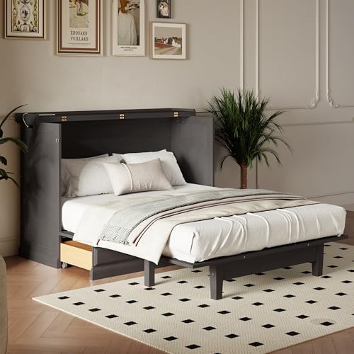 Queen Size Solid Pine Murphy Bed with Charging Station and Storage Drawer H1591