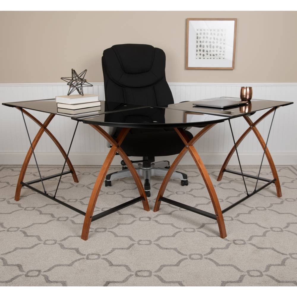Glass L-Shape Desk with Pull-Out Keyboard Tray S995251