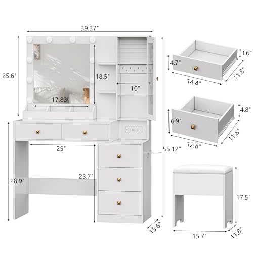 White Vanity Desk with Mirror and Lights, 5 Drawers and Chair T977