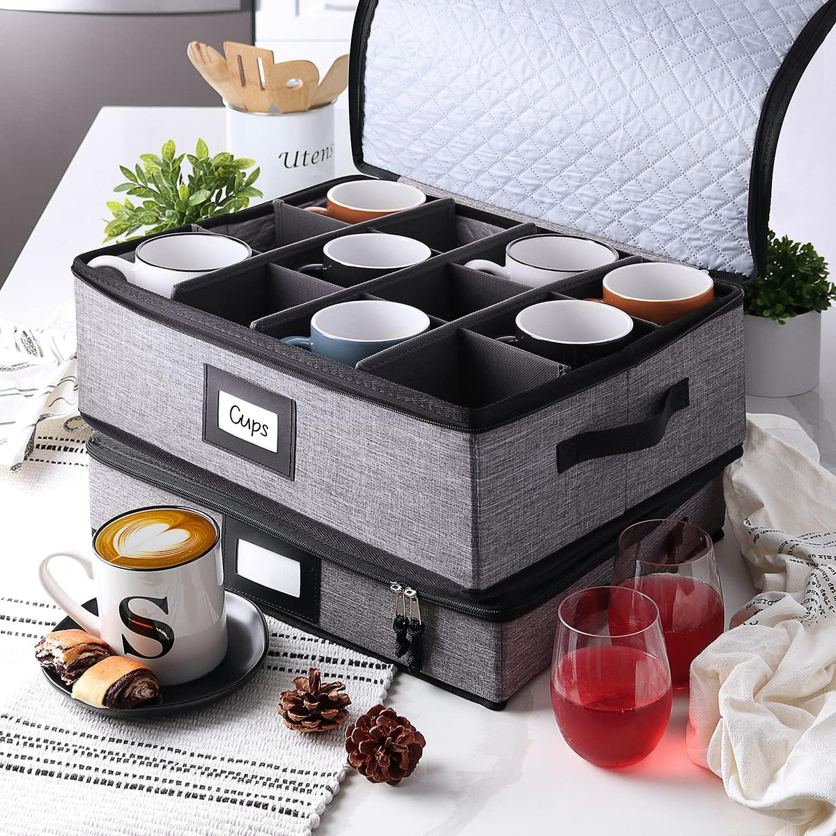 7-Pc. Hard Shell Stackable Storage Containers for Dinnerware with Dividers & Handles U86924