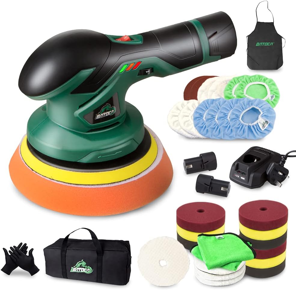 Cordless Car Buffer Polisher with 12V Lithium Rechargeable Battery Brushless Polisher with Variable Speed, 2pcs 2.0Ah Portable Buffer Kit B794
