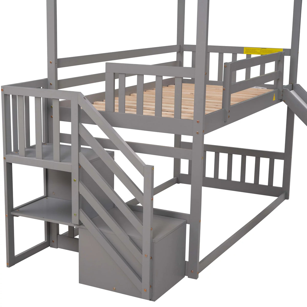 Gray Wooden Twin Over Twin Bunk Bed with Slide and Stairs G148