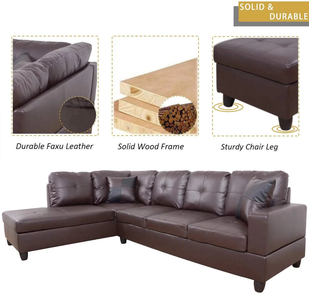 Faux Leather 3 Piece L-Shaped Sectional Sofa Set with Chaise Storage Ottoman and Pillows U3803