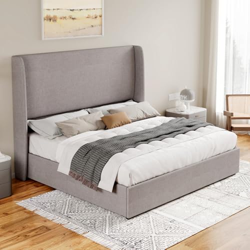 Queen Size Light Grey Linen Upholstered Storage Bed Frame P8104